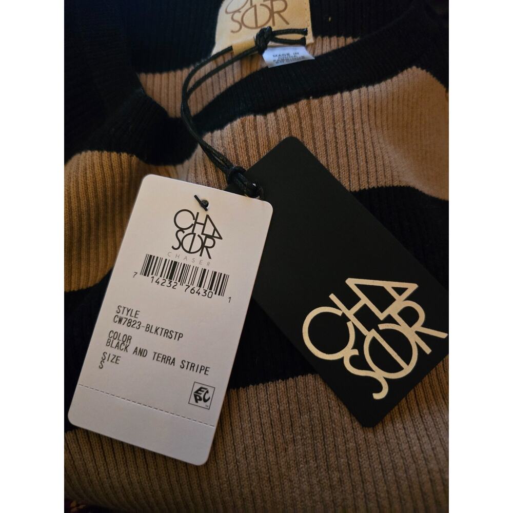 Chaser Rib Knit Stripe Sweater Small Black Terra Boat Neck 100% Cotton NWT - Picture 6 of 8